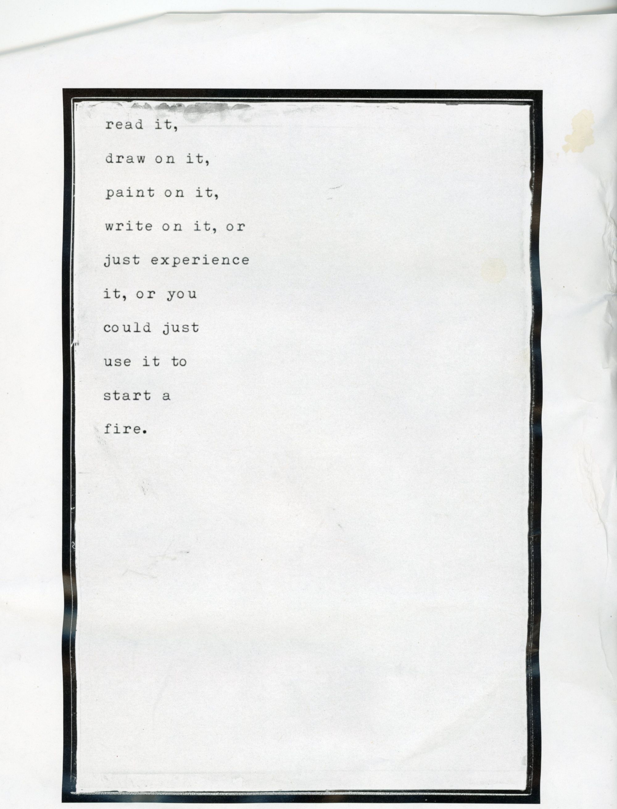 The first page in Chuck Cunningham's No Context zine. It's simple text, urging the reader to engage with the photos however they see fit.