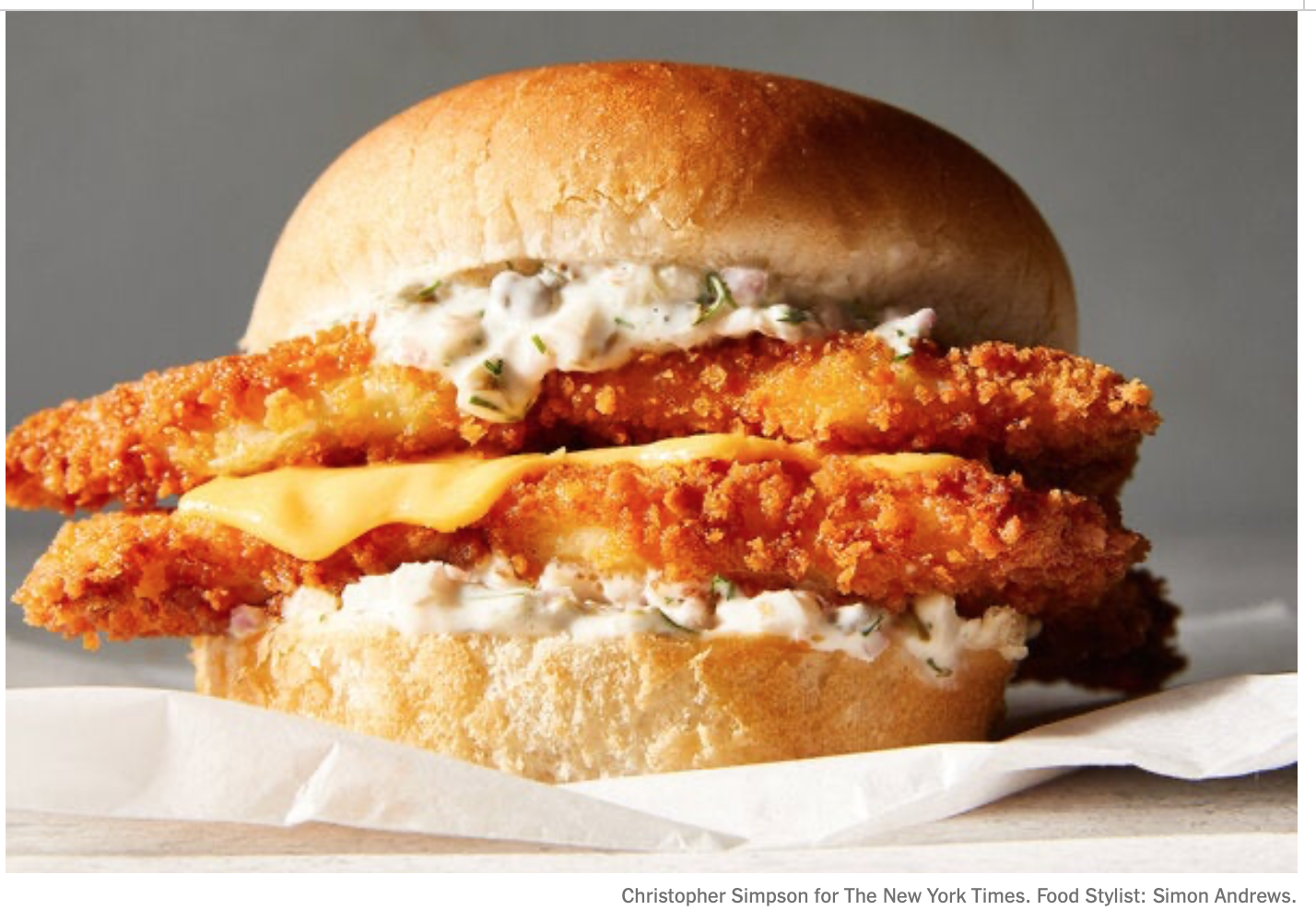 A wonderful photo of a fried fish sandwich by Christopher Simpson and Simon Andrews.